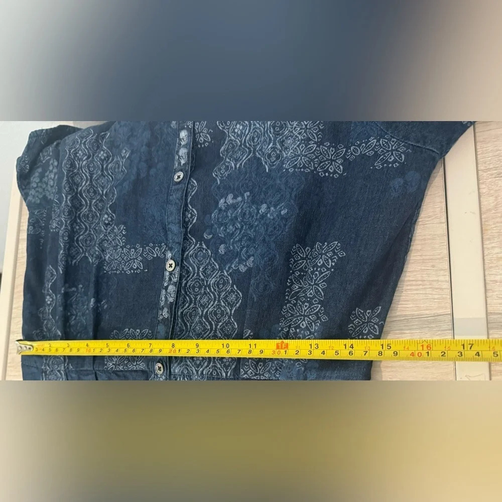 Free People Indigo Daze Denim Chambray Printed Jumpsuit Tie Sleeves Boho Size XS - Picture 10 of 13